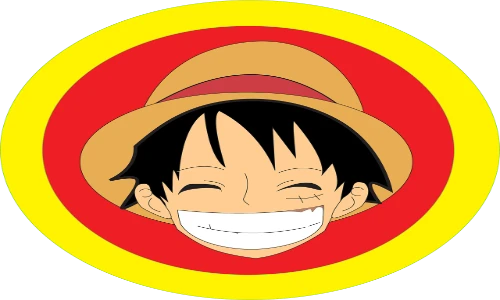 A boy named Luffy with a straw hat and big toothie smile wearing a red shirt and a scar on his left cheek