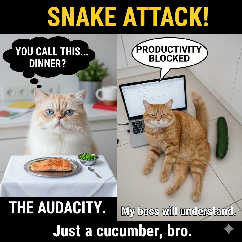 snack attack a cat unable to work because of a vegtable