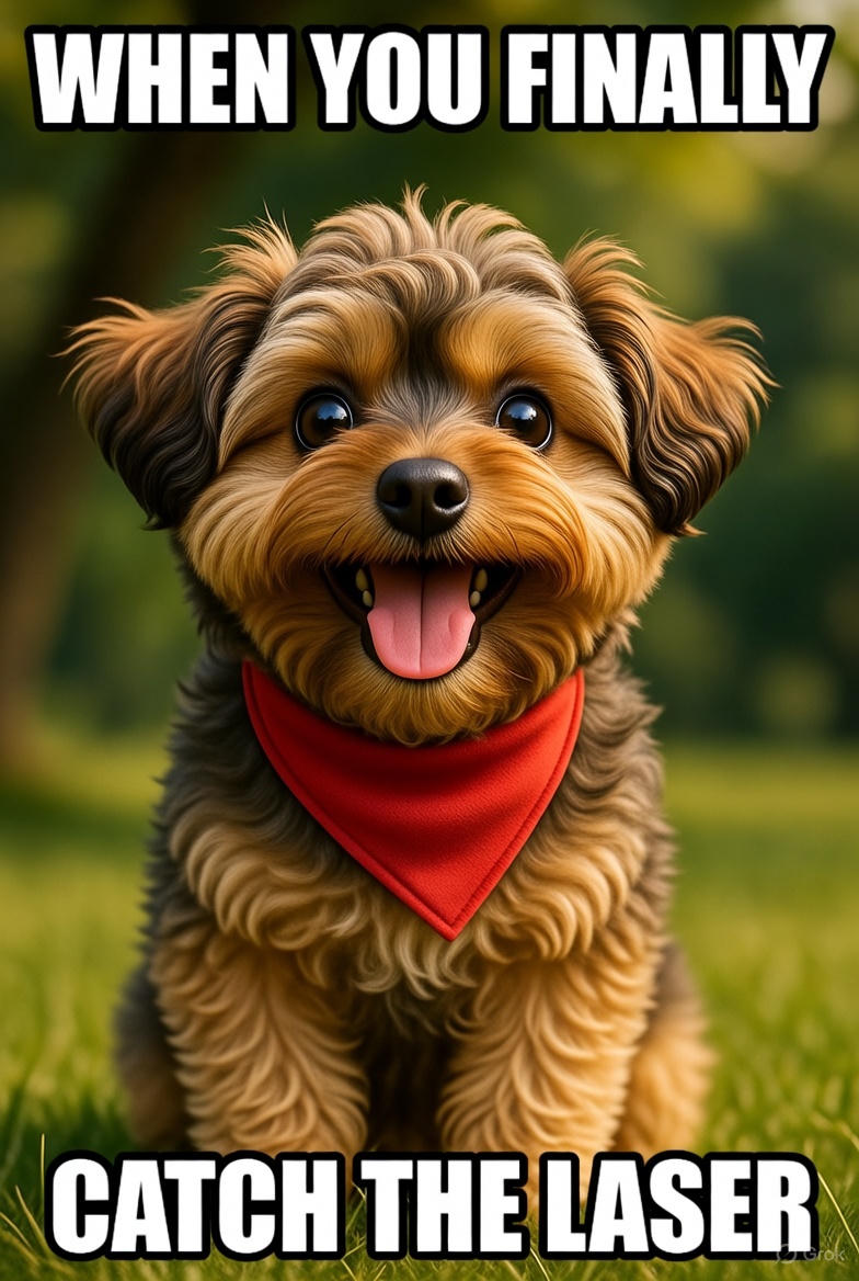 A small yorky happy he caught a lazer